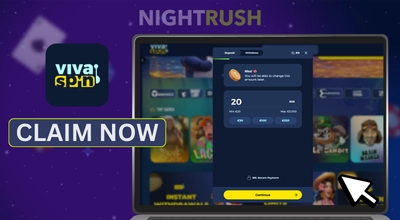 Vivaspin casino on a laptop with its logo and a claim now button against a starry background.