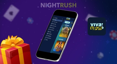 Vivaspin casino on a phone with its logo and a red gift box against a starry background.