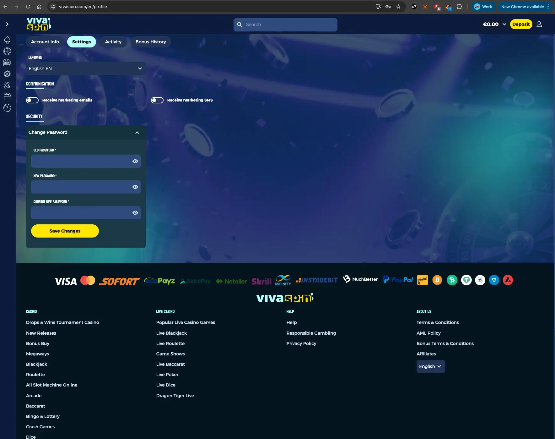 Vivaspin casino account settings screen