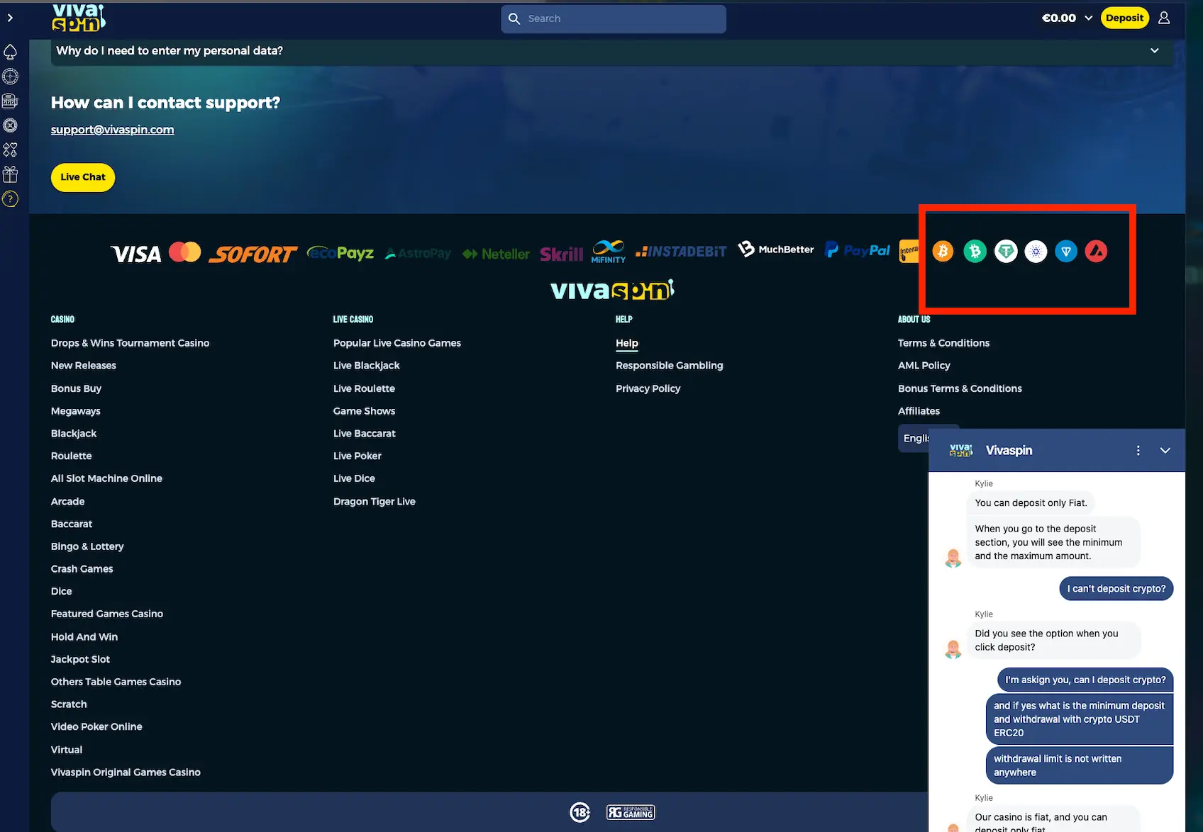 Vivaspin casino live chat screen