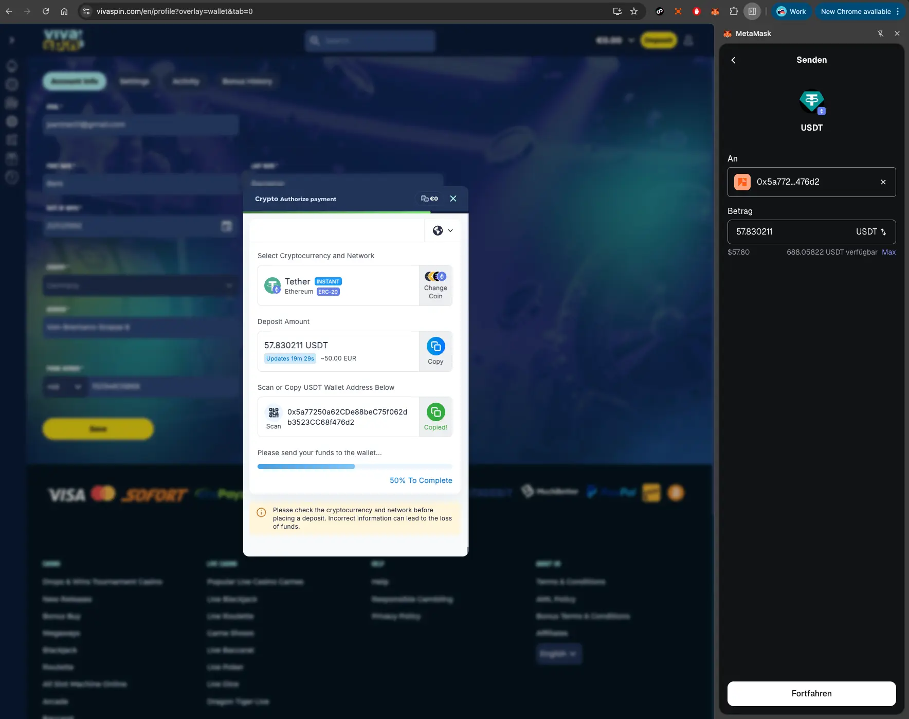 Vivaspin casino crypto payment section