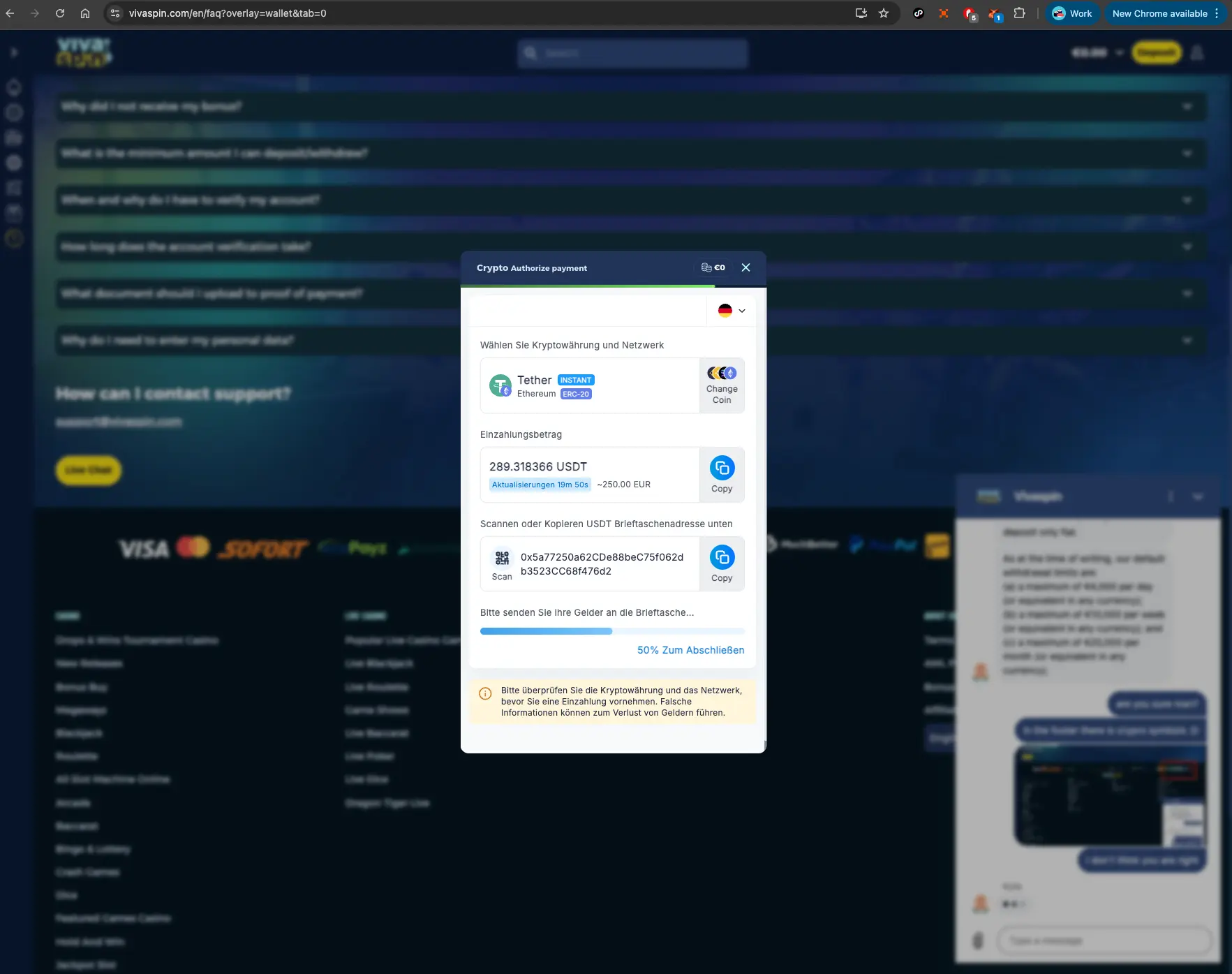Vivaspin casino crypto payment screen