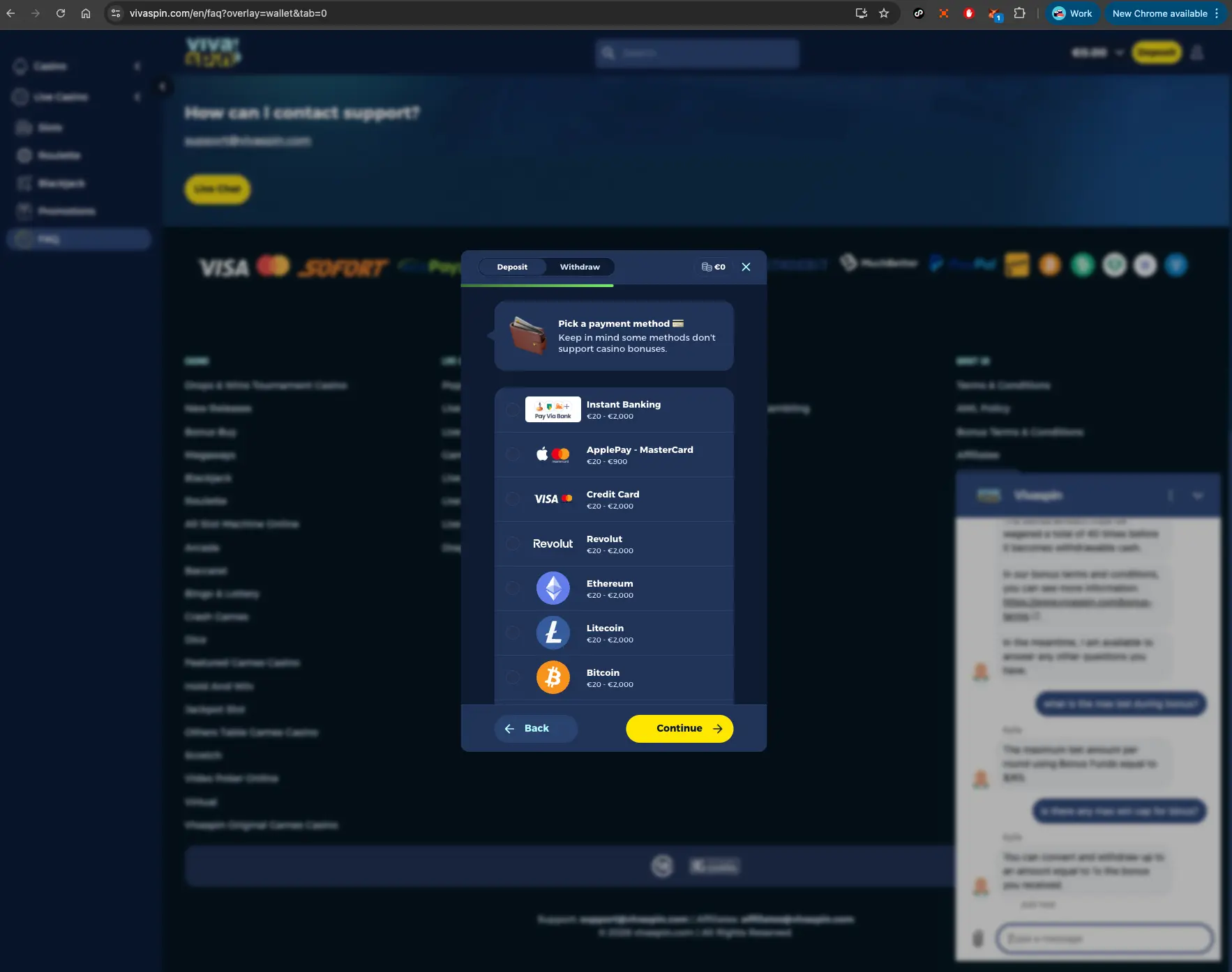 Vivaspin casino deposit methods screen