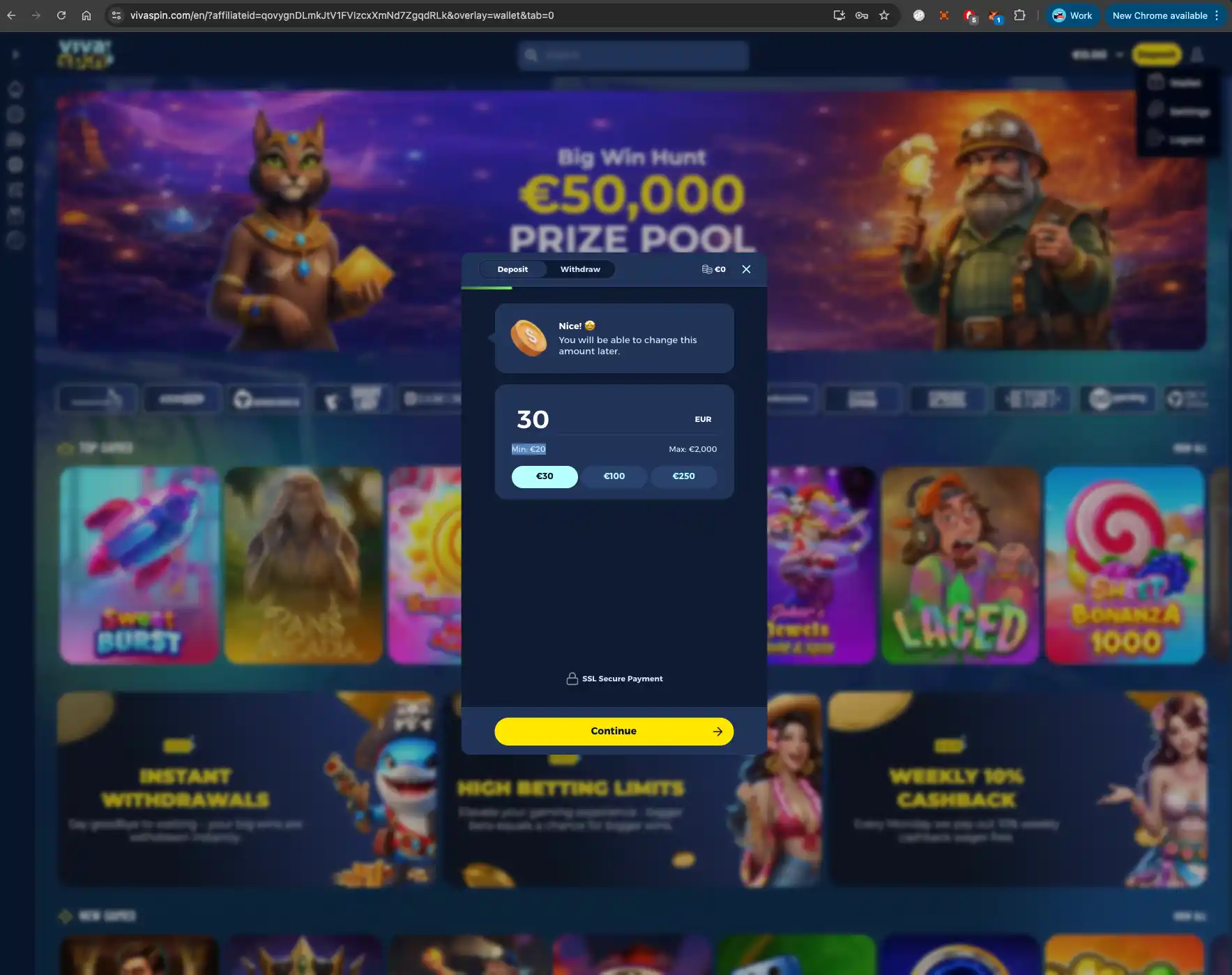Vivaspin casino deposit section