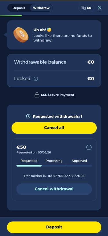 Vivaspin casino withdrawal request screen