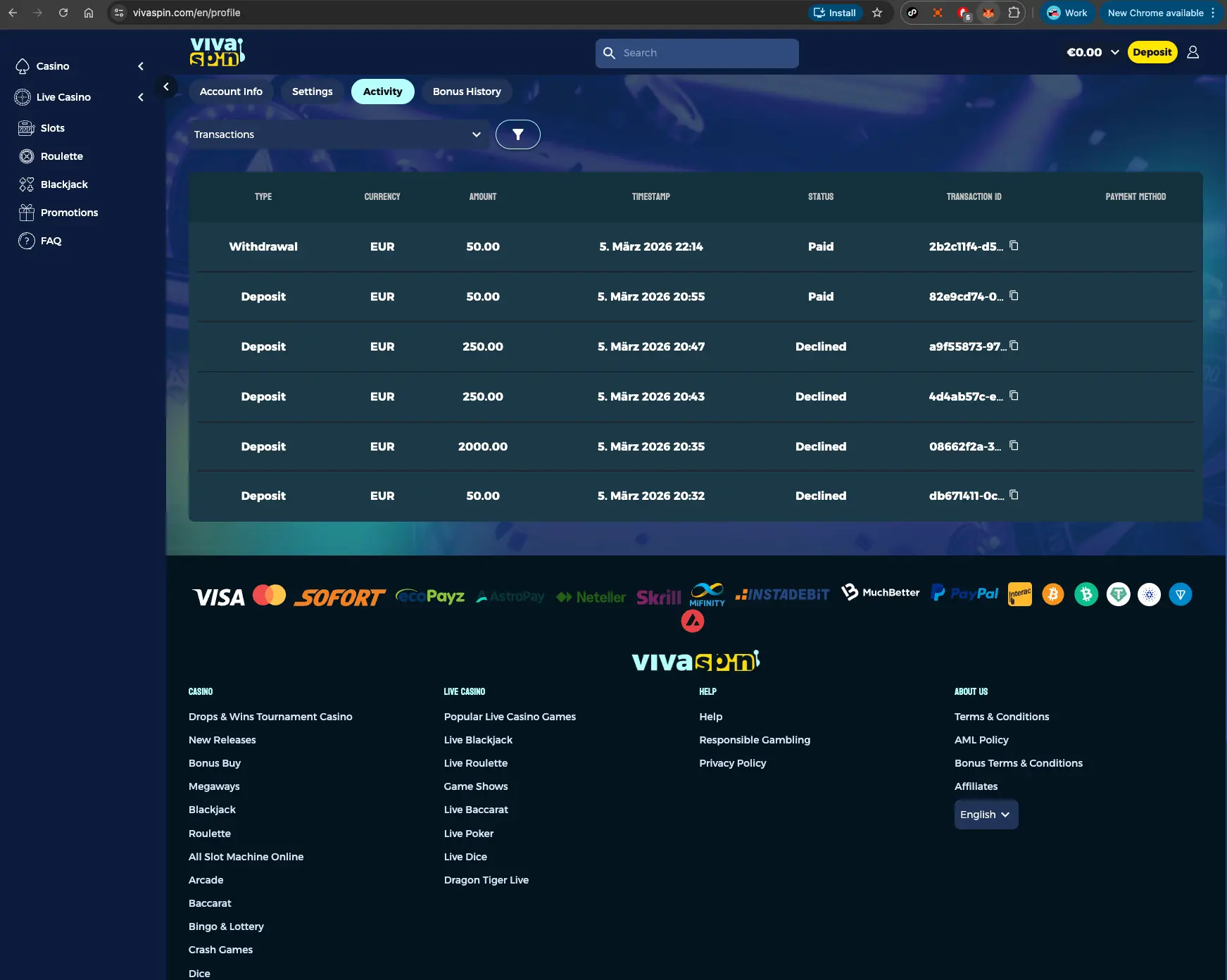 Vivaspin casino payment history page