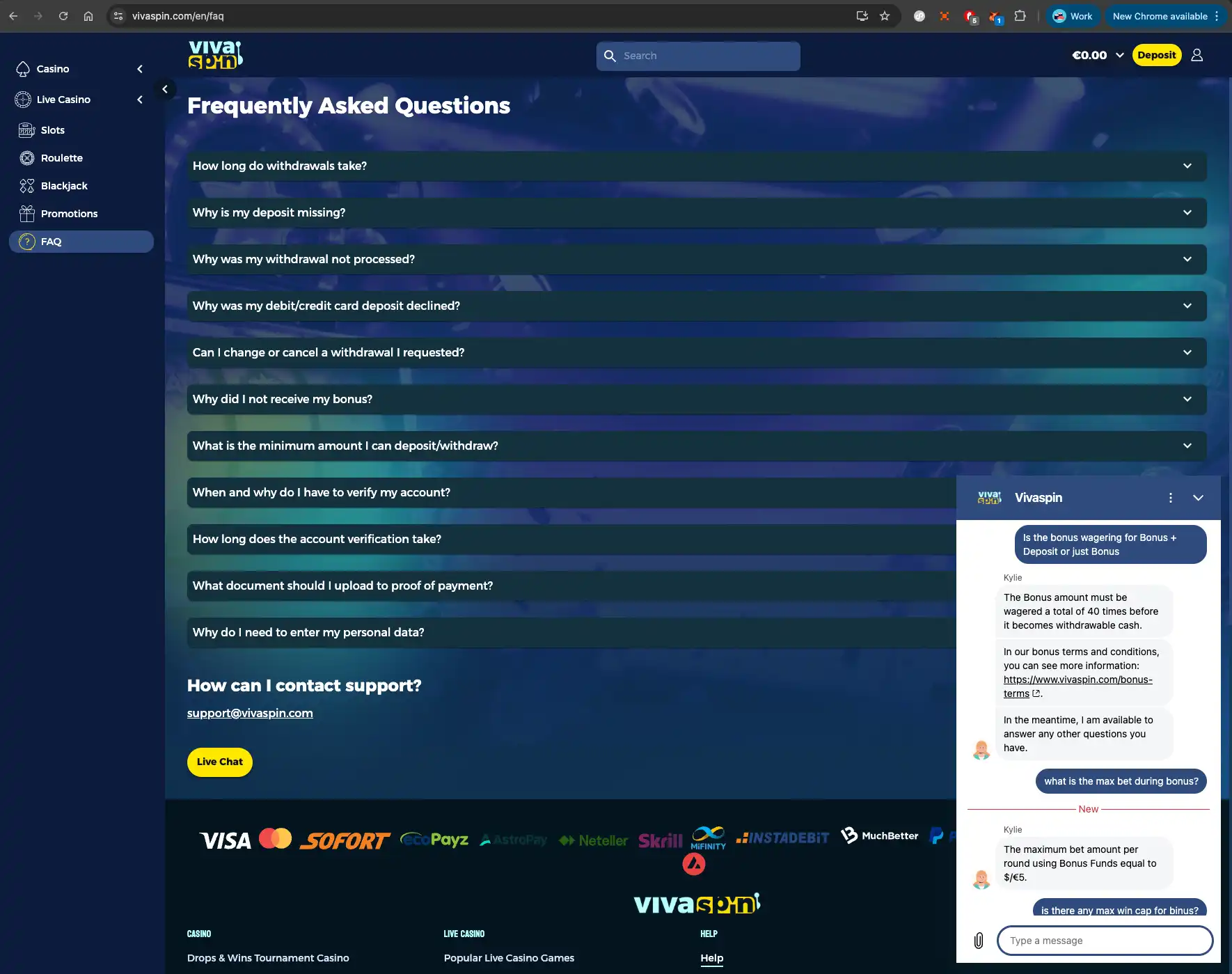Vivaspin casino FAQ section with live chat