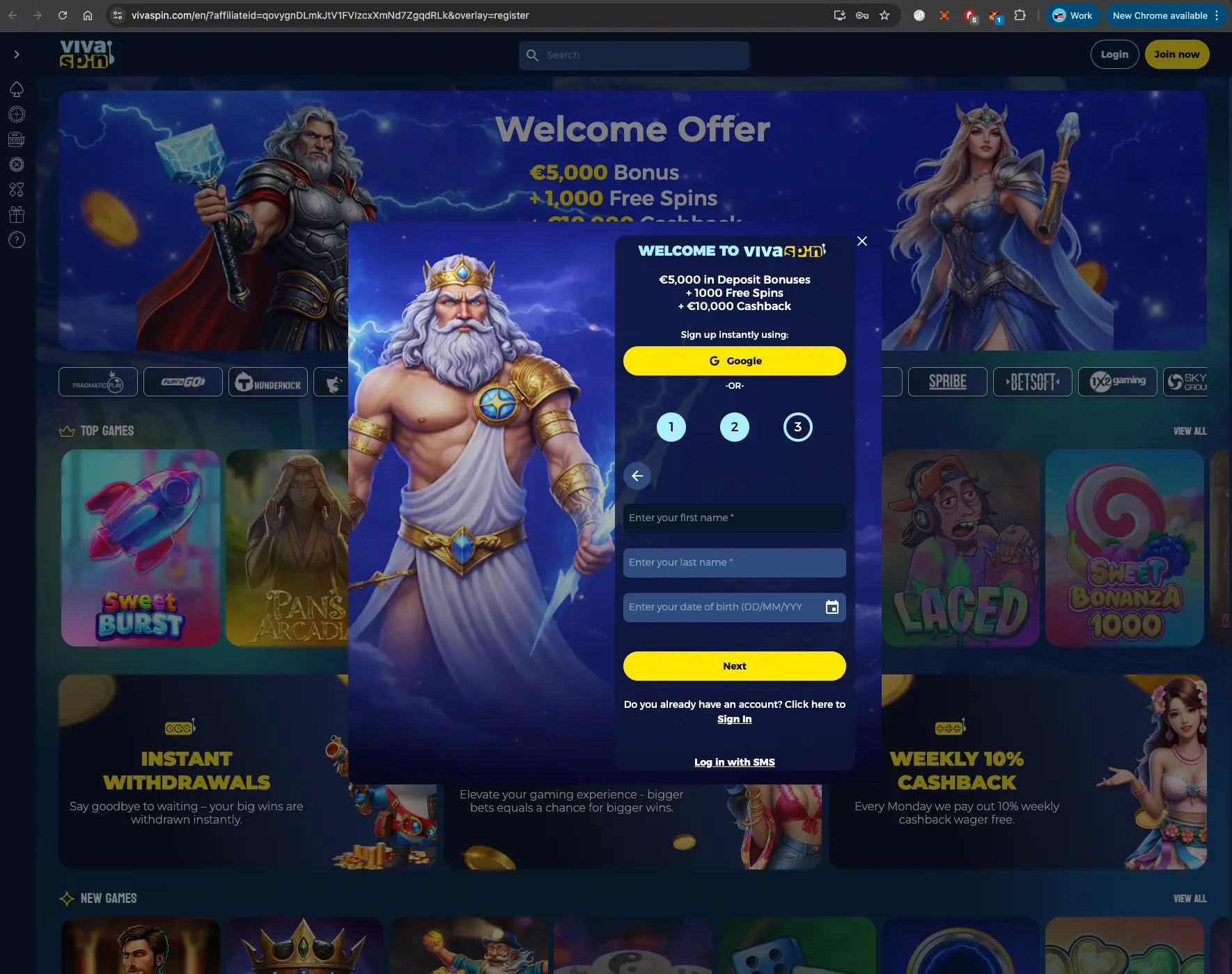 Vivaspin casino register screen