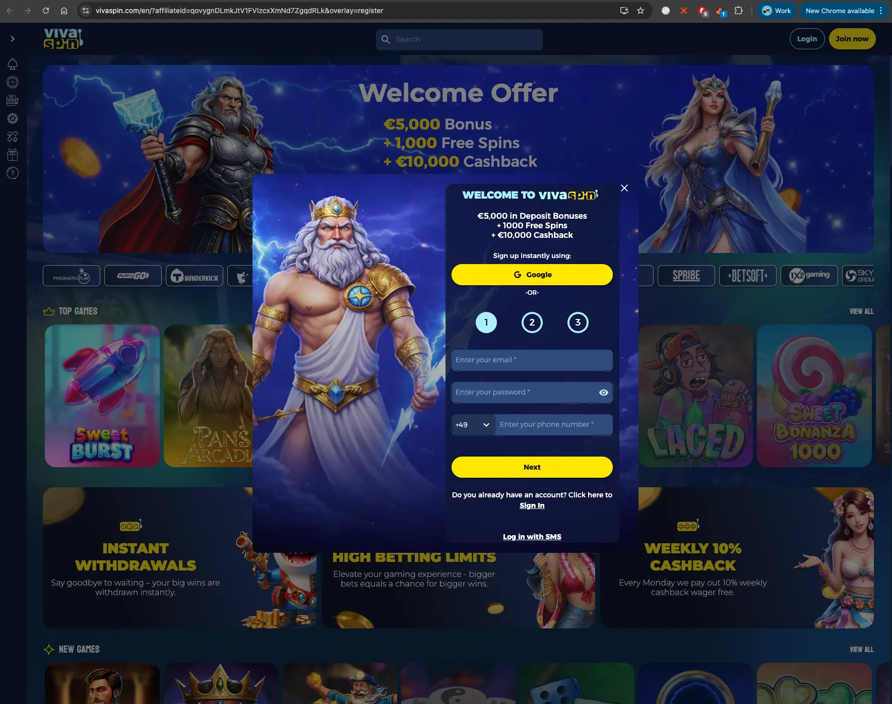 Vivaspin casino register screen