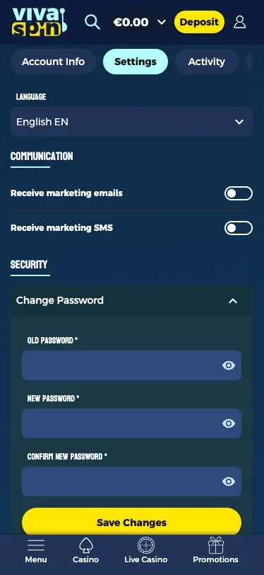 Vivaspin casino account settings screen