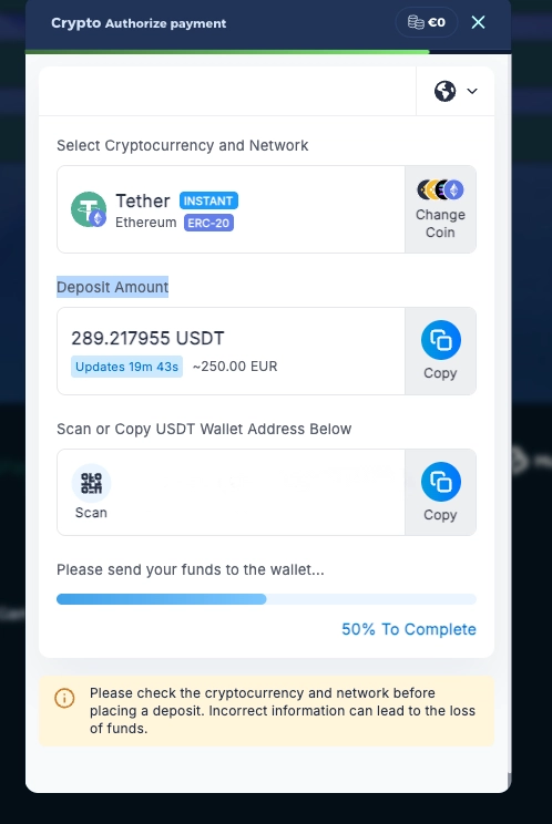 Vivaspin casino crypto deposit request page
