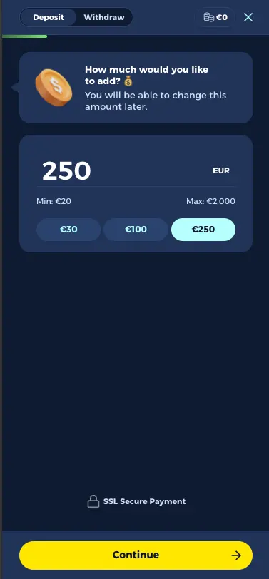 Vivaspin casino deposit page screen