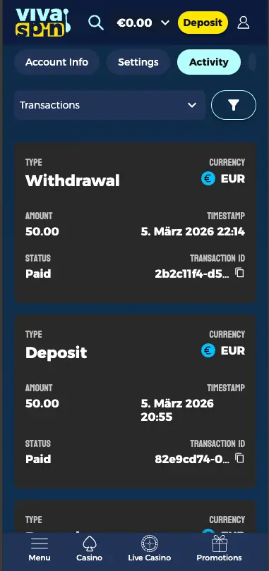 Vivaspin casino payment history page