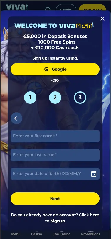 Vivaspin casino register screen
