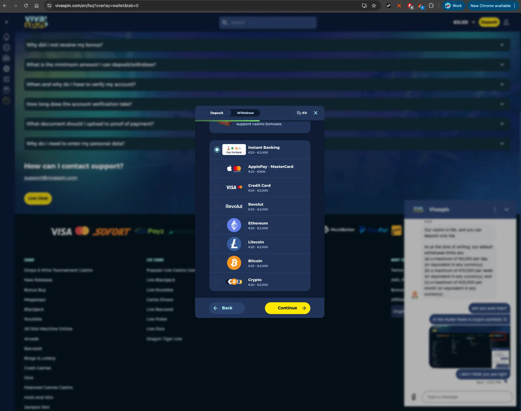 Vivaspin casino deposit methods screen