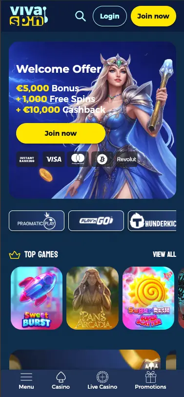Vivaspin casino homepage screen