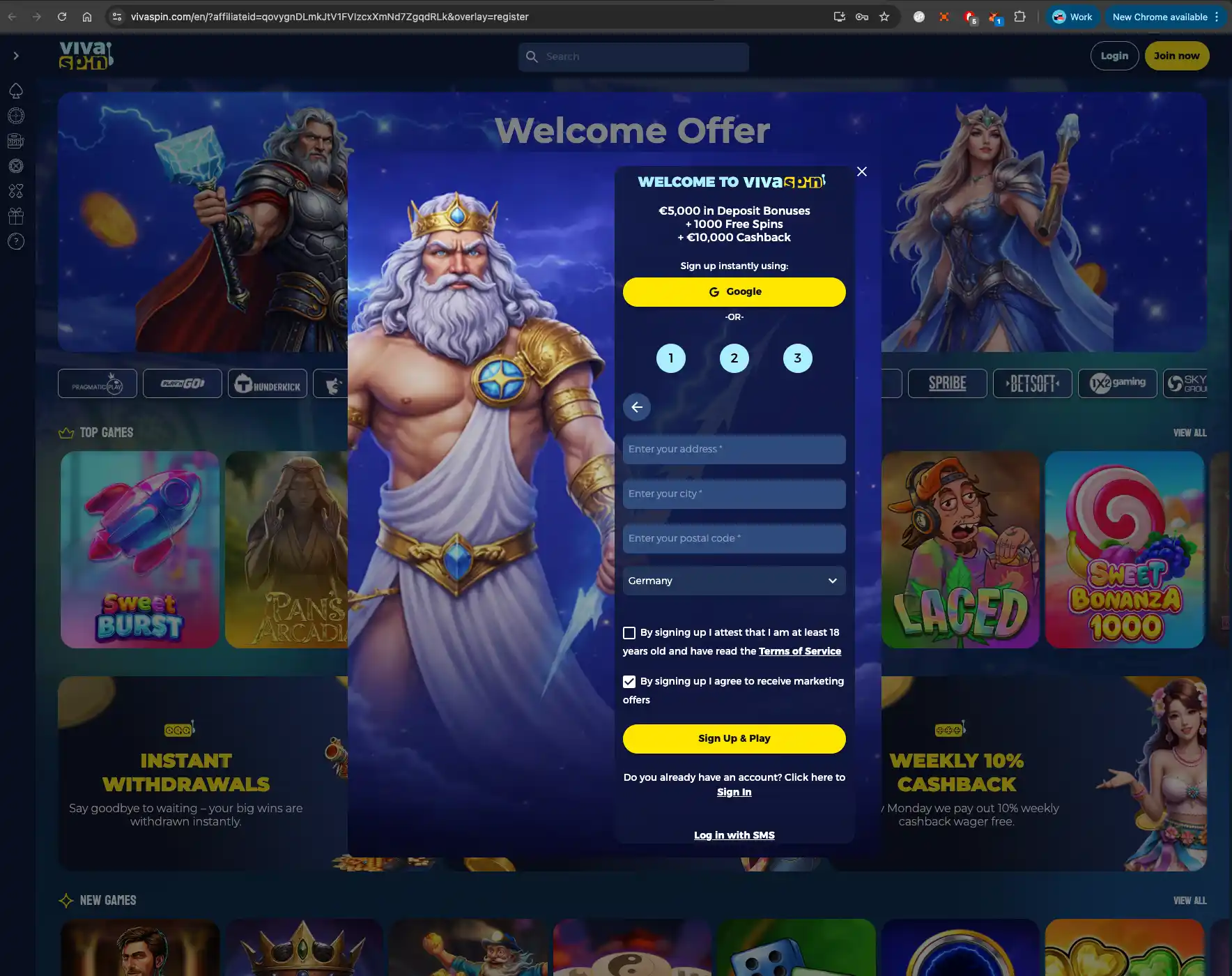 Vivaspin casino register screen