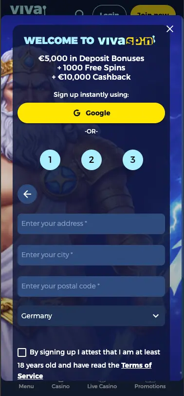 Vivaspin casino register screen