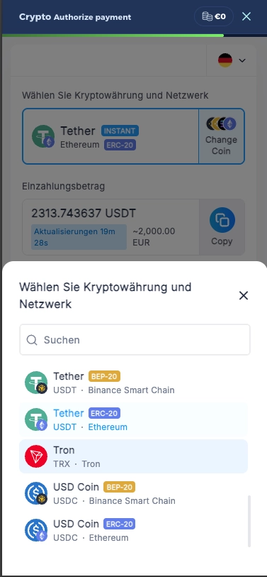 Vivaspins casino crypto deposit methods screen