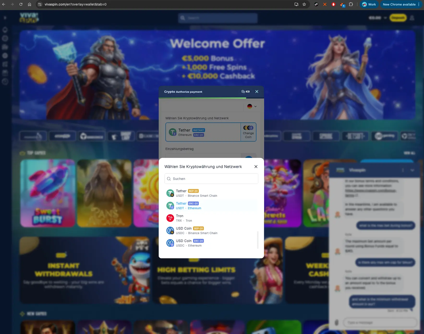 Vivaspins casino crypto deposit methods screen