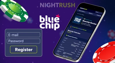 Bluechip Casino on a phone with a register button and two chips against a starry background.