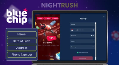Bluechip Casino on a laptop with a personal details button against a starry background.