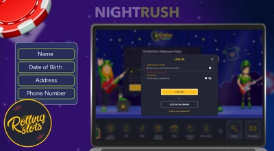 Rolling Slots on a laptop with its logo, a chip, and a details button against a purple background.