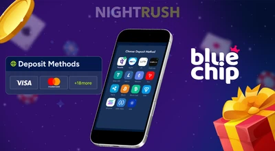 Bluechip Casino on a phone with a deposit button, a coin, and a box against a starry background.