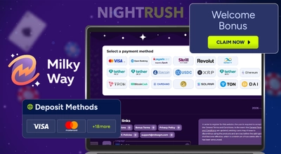 MilkyWay on a laptop with the welcome bonus and deposit buttons against a dark setting.