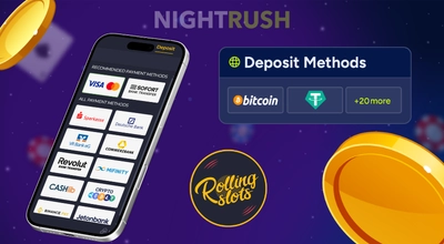Rolling Slots deposit on a phone with its logo, coins, and deposits against a purple background.