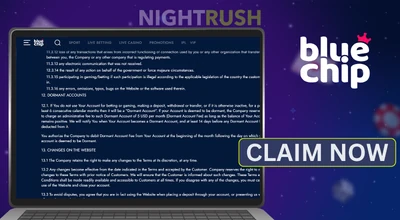 Bluechip Casino on a laptop with a claim now button against a starry background.