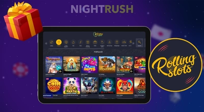 Rolling Slots games on a tablet with its logo and a gift box against a purple background.