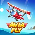A red cartoon biplane flies over the ocean above the AviaFly game logo.
