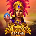 An Aztec priestess in a feathered headdress holds a glowing blue orb above the Aztec's Legend logo.