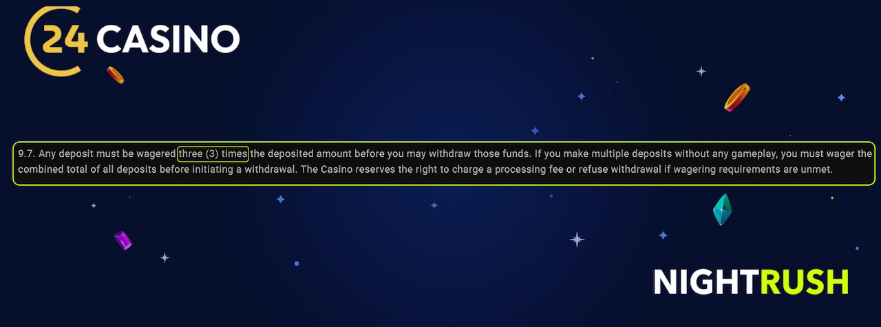 24Casino withdrawal turnover policy.