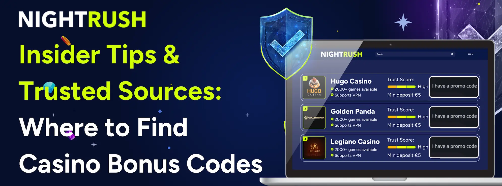 Insider Tips & Trusted Sources: Where to Find Casino Bonus Codes, with a laptop against a blue background.