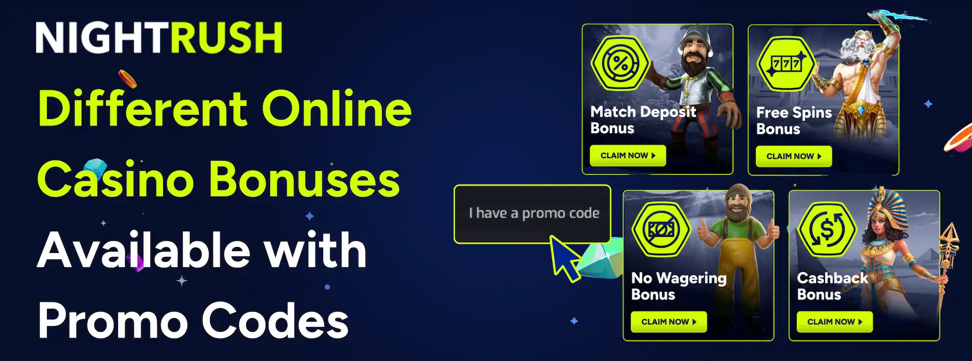 Different Online Casino Bonuses Available with Promo Codes, with bonuses against a blue background.