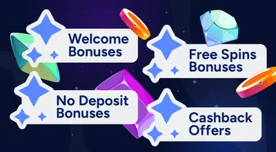 Bonuses with casino items against a starry background.