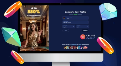 The laptop shows Celsius Casino’s Complete Your Profile form.