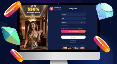 The laptop shows Celsius Casino’s registration form.
