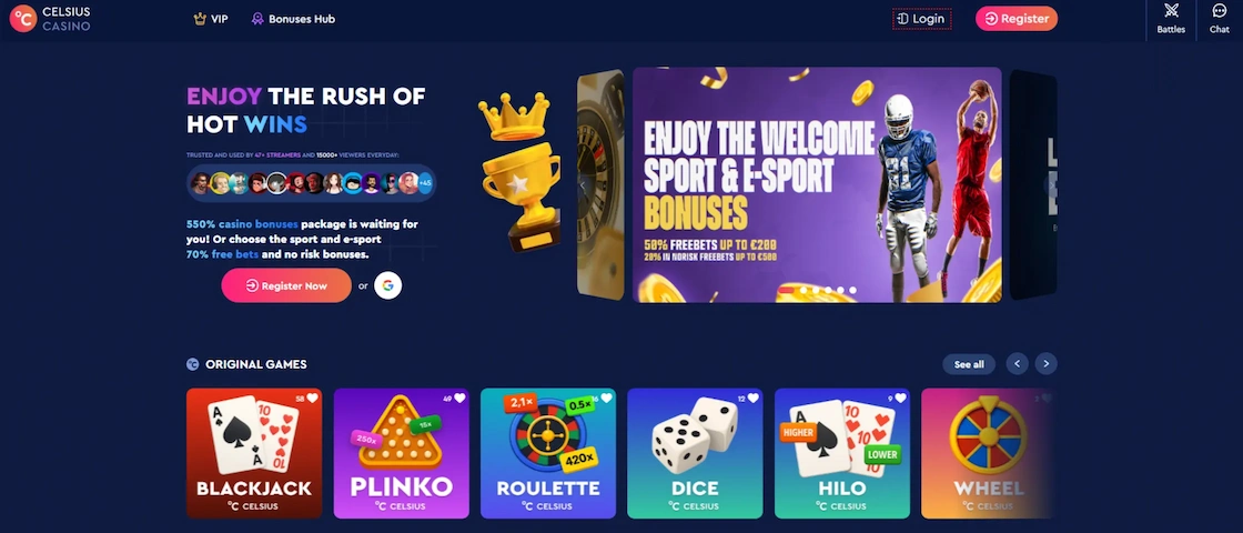 Screenshot of Celsius Casino’s homepage.