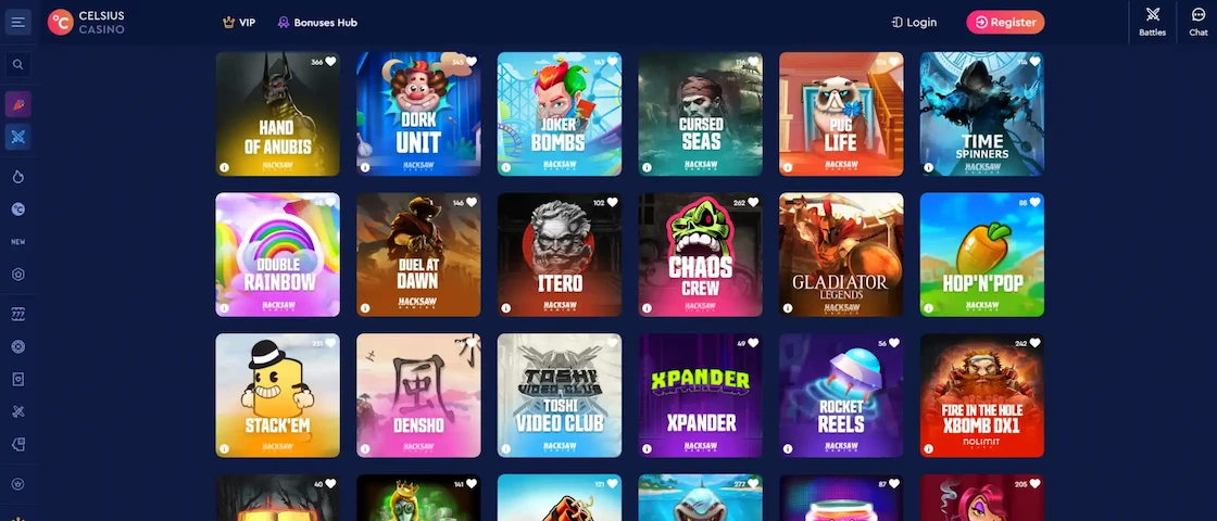 Screenshot of Celsius Casino’s game selection.