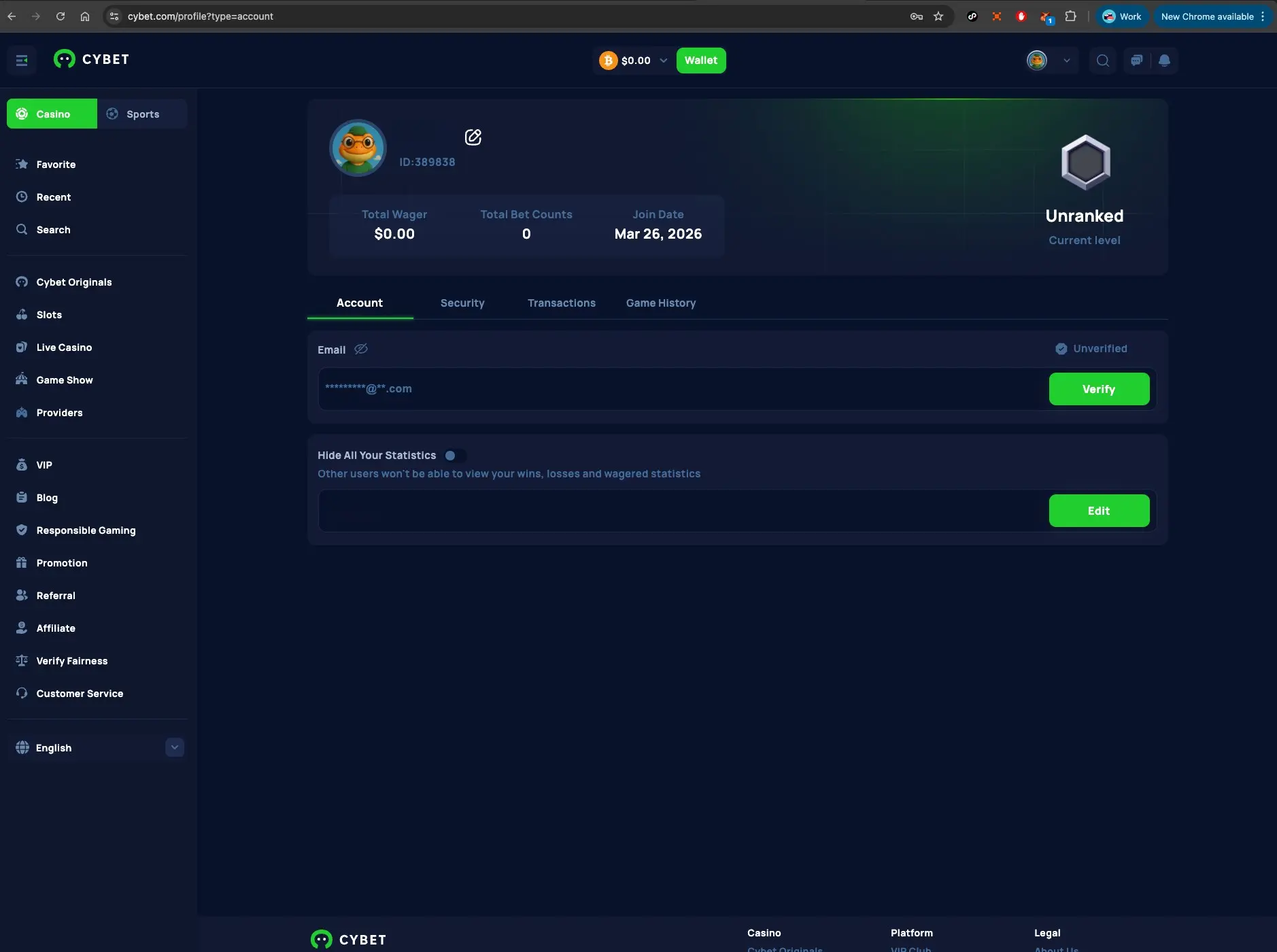 Cybet casino account screen