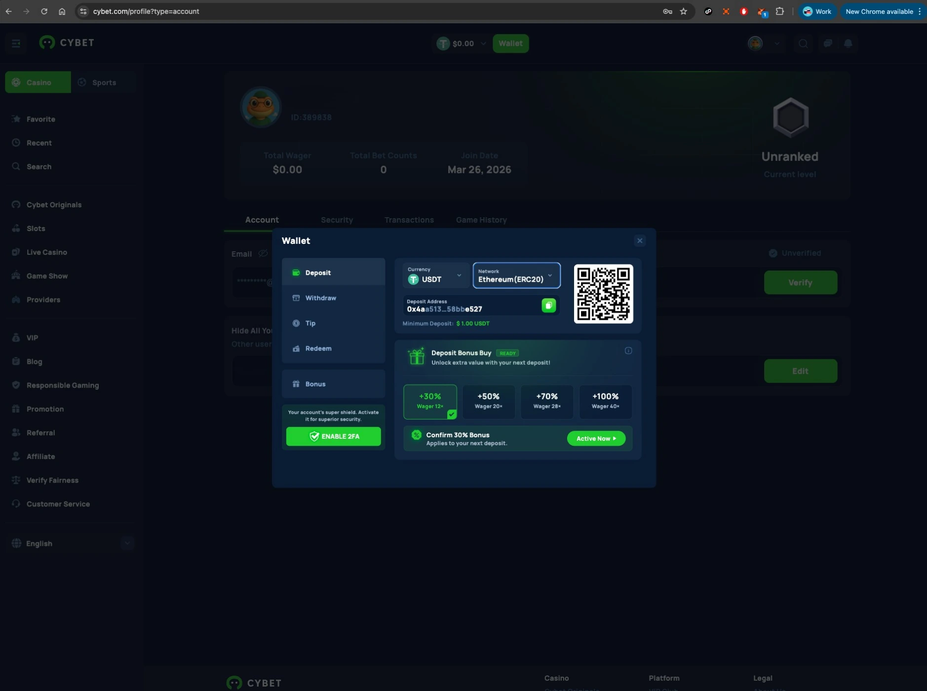 Cybet casino deposit screen