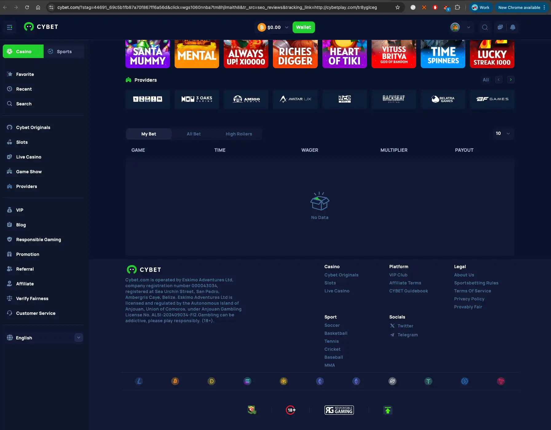 Cybet casino footer section