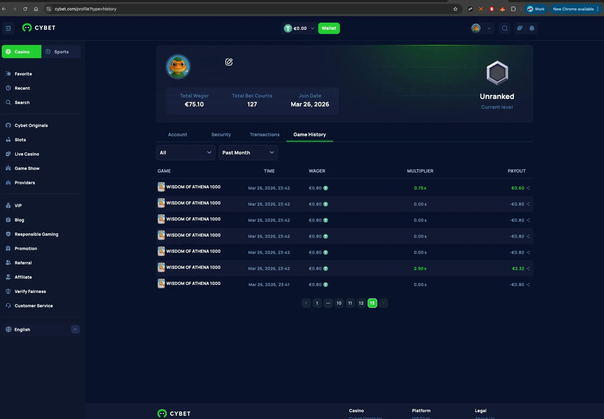 Cybet casino game history screen