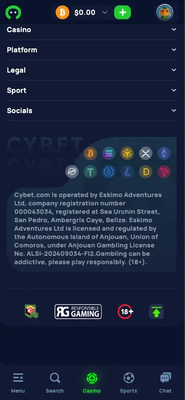 Cybet casino footer section