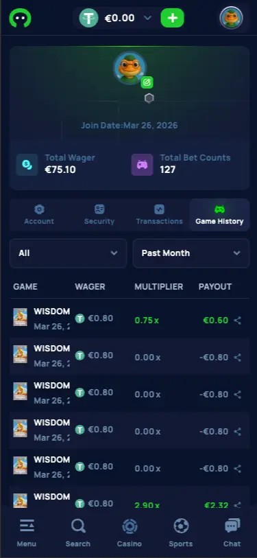 Cybet casino game history screen