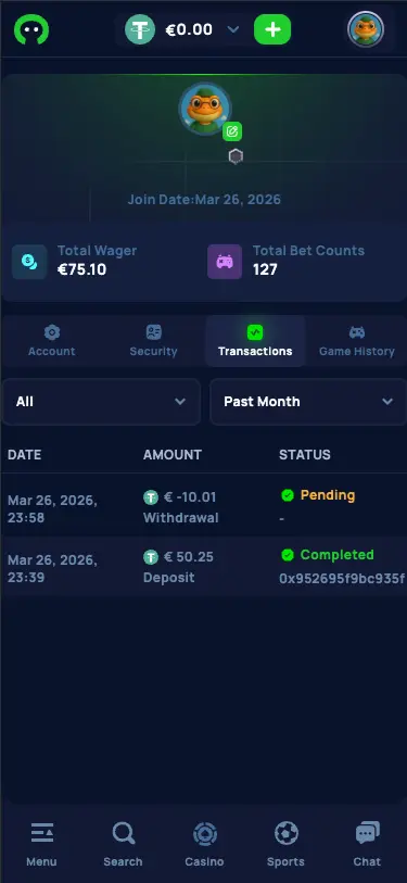 Cybet casino transaction history screen