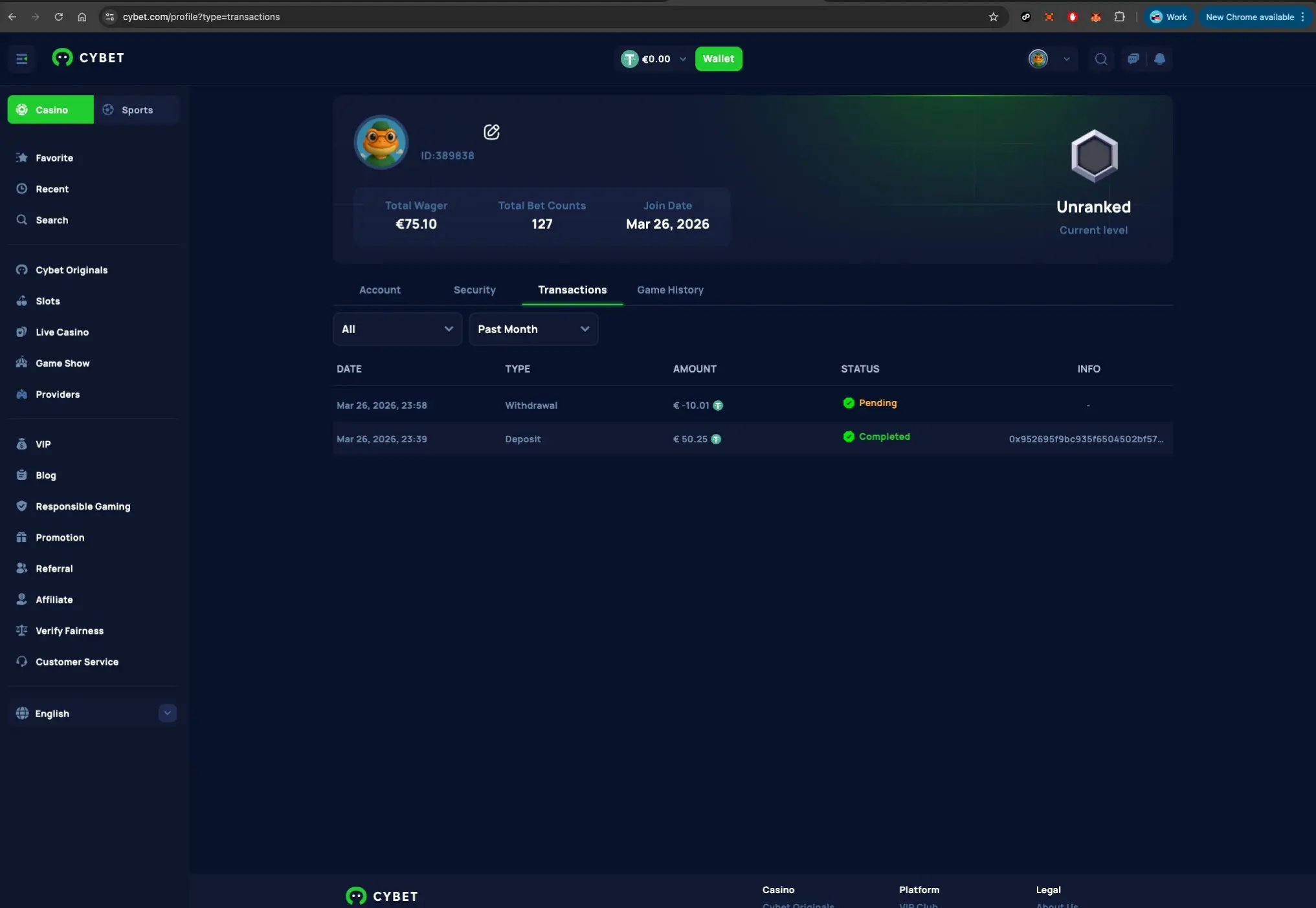 Cybet casino transaction history screen